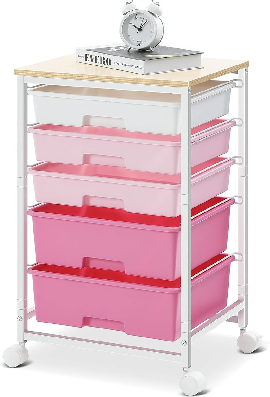 5-Drawer Rolling Utility Cart with Wooden Tabletop – 5-Tier Craft Storage Trolley with Lockable Wheels, Rose Pink